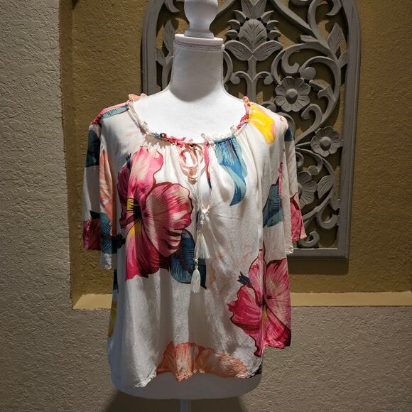 Farm Rio XL Boho Floral Blouse Top Statement Summer Resort Vacay Hibiscus Beach - Picture 3 of 9